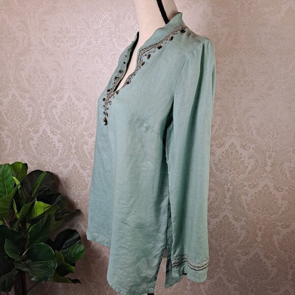 Rafaella Size 8 Light Green Tunic Embroidered Stone Accents 100% Linen Long Slv - Picture 8 of 13